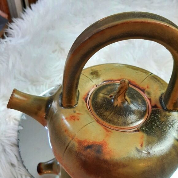 R. Hankia Vintage Rare  Porcelain Green  Orange‎ Tea Pot Signed 18R x10.5 T - Picture 6 of 13